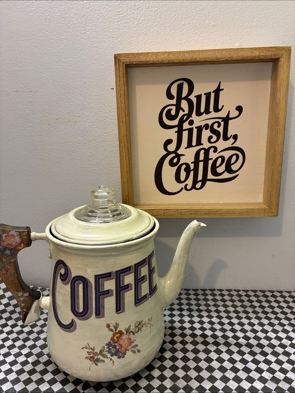 Vintage-Style Cream Coffee Pot with Floral Accent and First Coffee Sign